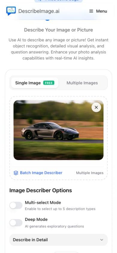 手机上的 DescribeImage AI 图片描述工具界面