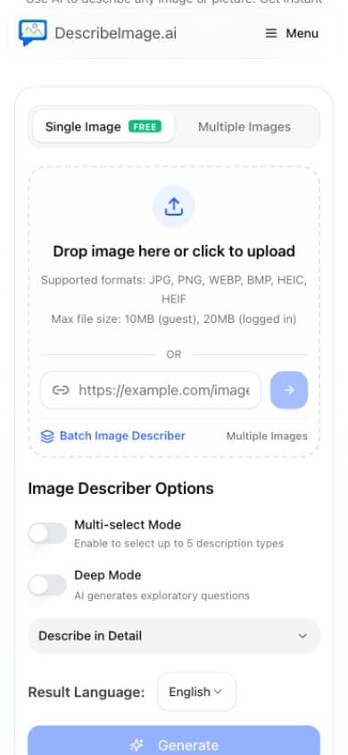 手机上的 DescribeImage AI 图片描述工具界面