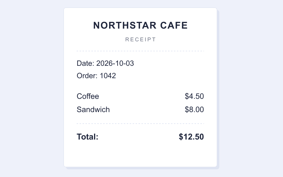 A NORTHSTAR CAFE receipt dated October 3, 2026, listing coffee for $4.50, a sandwich for $8, and a total of $12.50.